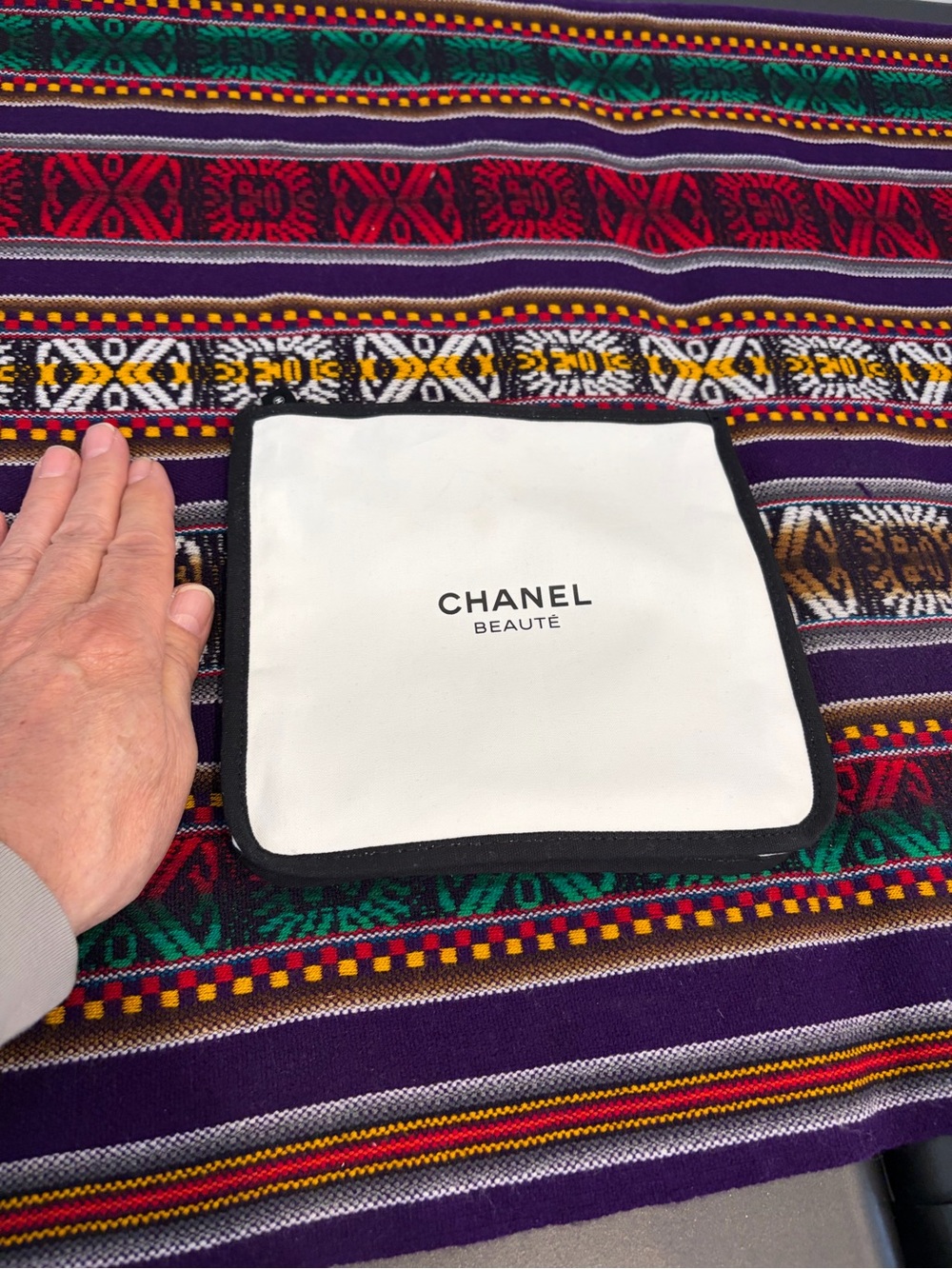 CHANEL White and Black Logo Cosmetic Pouch